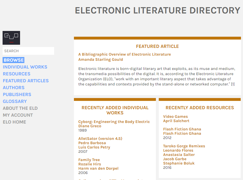 Página do diretório de literatura eletrónica da Electronic Literature Organization.